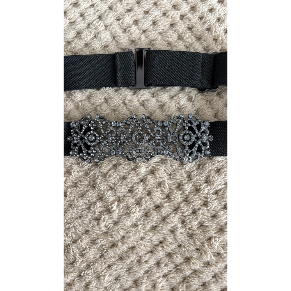 BCBG MAXAZRIA Black Platinum Rhinestone Medallion Elastic Belt | OS